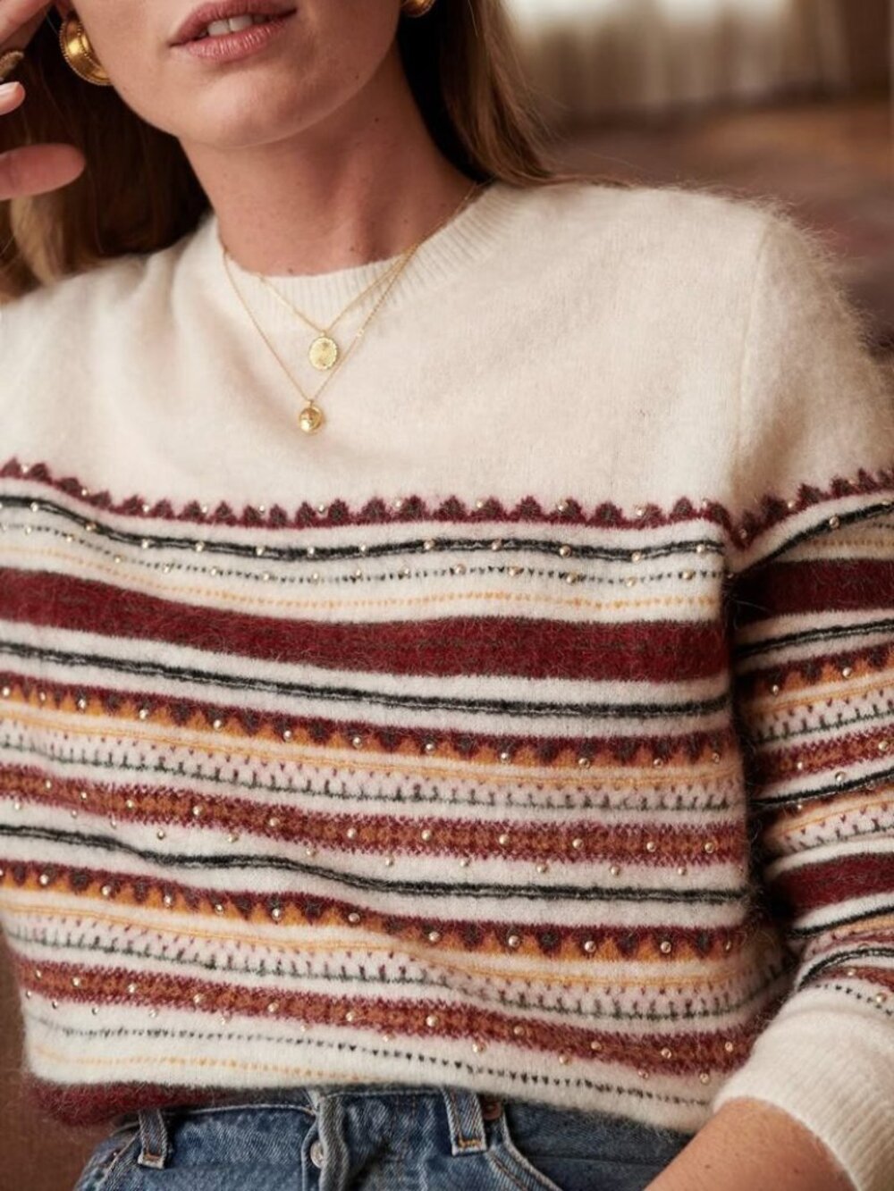 Like New Sezane Vladimir Mohair Wool Striped Studded Sweater Ecru Maroon Small